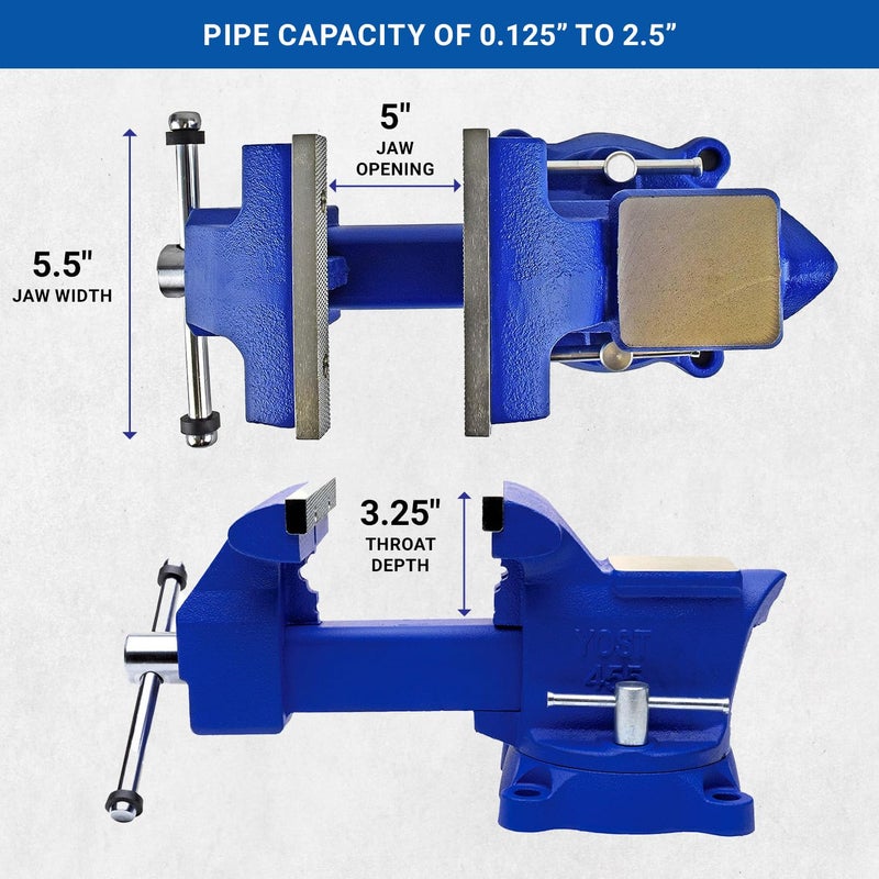 Yost Tools Yost Vises 455 Combination Vise | 5.5 Inch Jaw Width Heavy-Duty Utility Pipe and Bench Vise |Secure Grip with Swivel Base| Made with Cast Iron and Steel U Channel Bar | Blue - Image 4